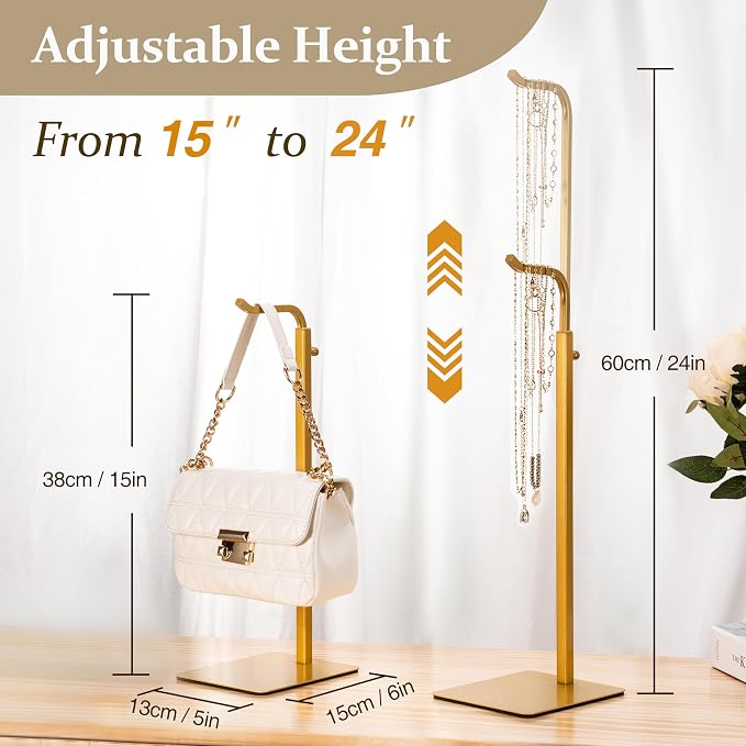 Purse Holder Handbag Display Stand: Gold Hanger Rack for Bags, Purses, and Wreath, Adjustable Hook Stand for Tabletop, Closet, and Retail Use for Vendors