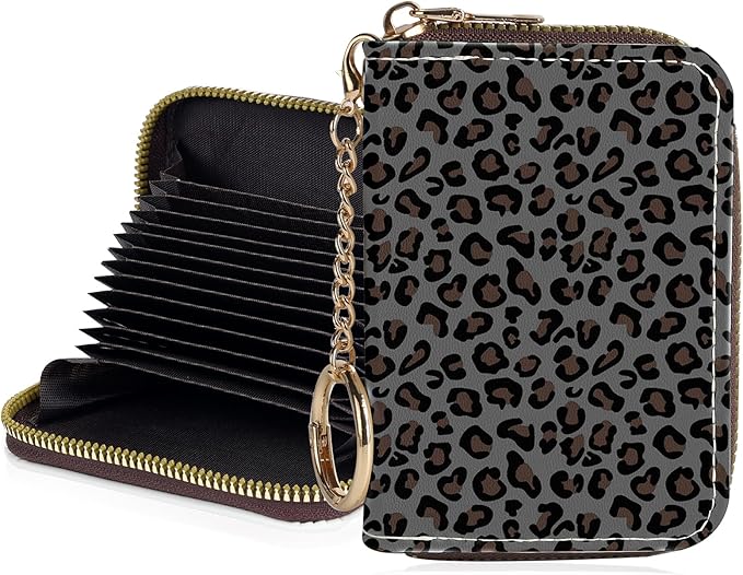 Credit Card Holder for Women,Small Rfid Wallet with Keychain Zipper,Cute PU Leather Card Case Wallet，Accordion Credit Card Wallets Gift,Dark Leopard Print A