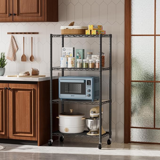 Golpart Shelves Storage Shelf Wire Closet Bathroom Organizers Metal Pantry | 4 tier Kitchen Garage Shelving Unit Laundry Room Organization Home Rack Net Basket Black with Wheels 14”D X 24”W X 48.9”H
