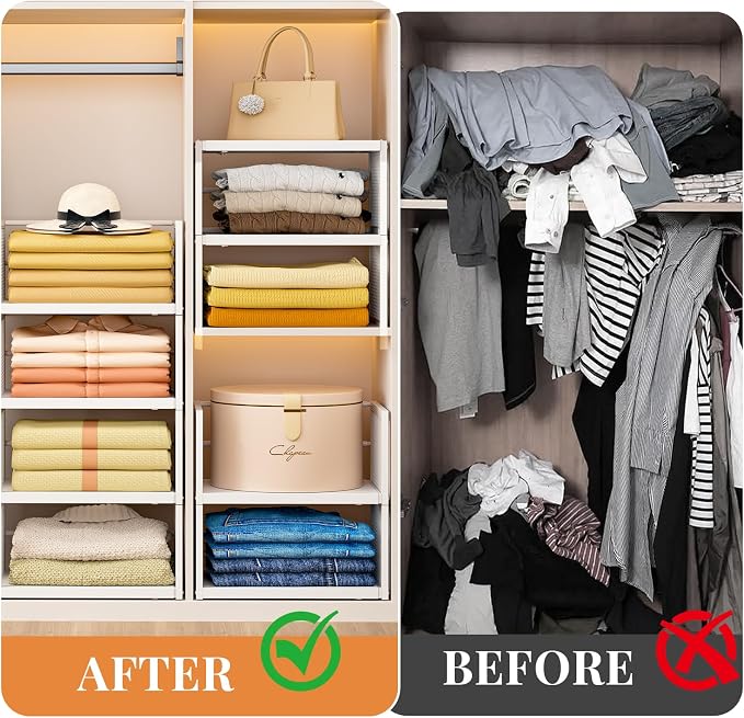Expandable Closet Organizers and Storage, 2 Pack Stackable Closet Shelves, Metal Clothes Sweater Shelf Organizer for Closet, Multifunctional Storage Basket for Office Bathroom Bedroom Dressing, White