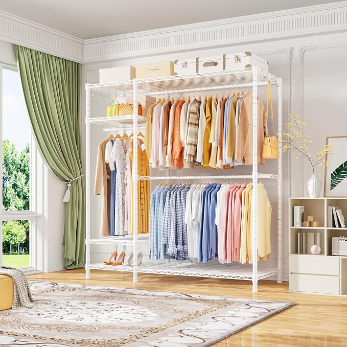Ulif F7 Garment Rack, Heavy Duty Clothes Rack, Clothing Racks for Hanging Clothes, 6-Tiers Freestanding Portable Closet Storage Rack 58'' W × 14.6'' D × 76.6'' H, Max Load 800 Lbs, White