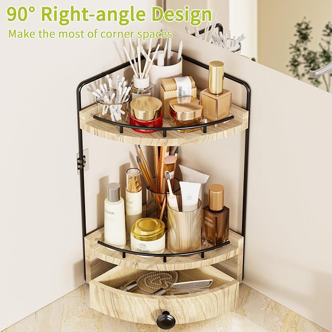 2-Tier Corner Bathroom Counter Organizer with Drawer, Wood color | Embedded Screw Holes, Wooden Countertop Organizers, Space-Saving, Bottom Ventilation Design, Counter Shelf for Vanity