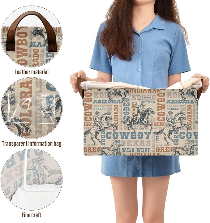 Western Cowboy Horses Retro Vintage 70s 80s Storage Bins for Shelves with Labels&Handles Fabric Organizer Bin Foldable Rectangle Storage Basket Boxes for Closet, Bathroom, Home, Living Room