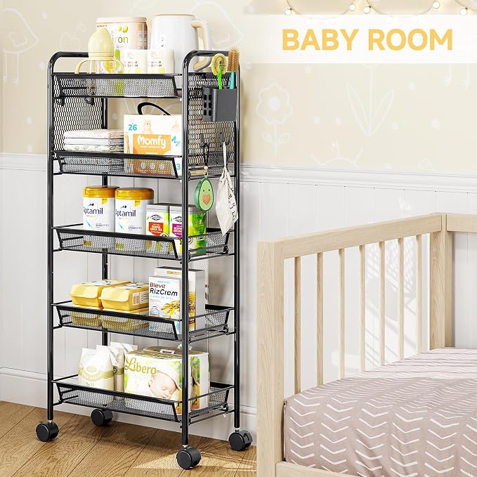 5 Tier Metal Rolling Utility Cart - Heavy Duty Storage Trolley with Pegboard, 4 Hooks & 1 Bin, Mobile Organizer Shelves for Bathroom Kitchen Office Craft Room Laundry, Black