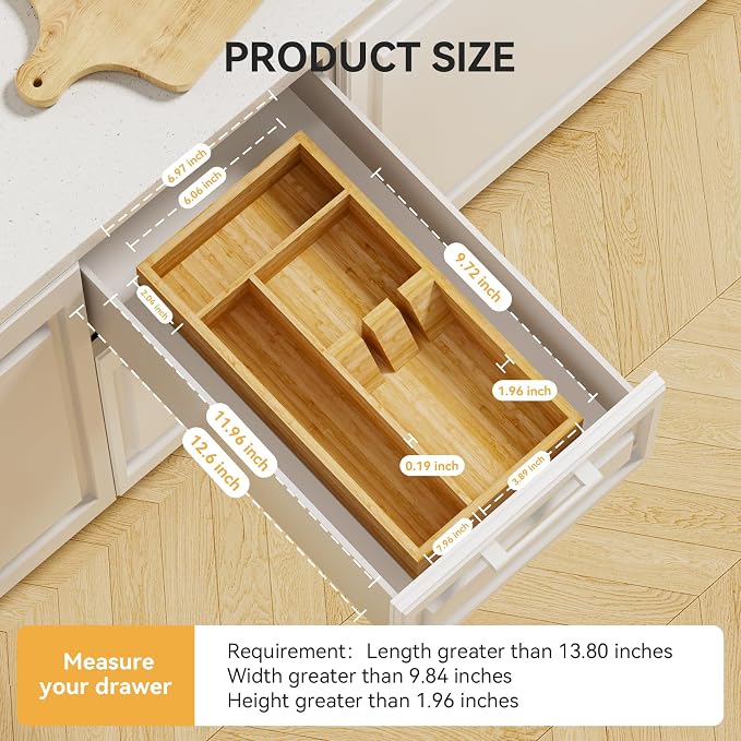 Yofidra Bamboo Silverware Organizer, 12.6 x 6.97 x 1.96 Inches Kitchen Utensil Drawer Organizer, Silverware Tray for Drawer with Fixed Slots for Spoons, Forks & Knives, Natural