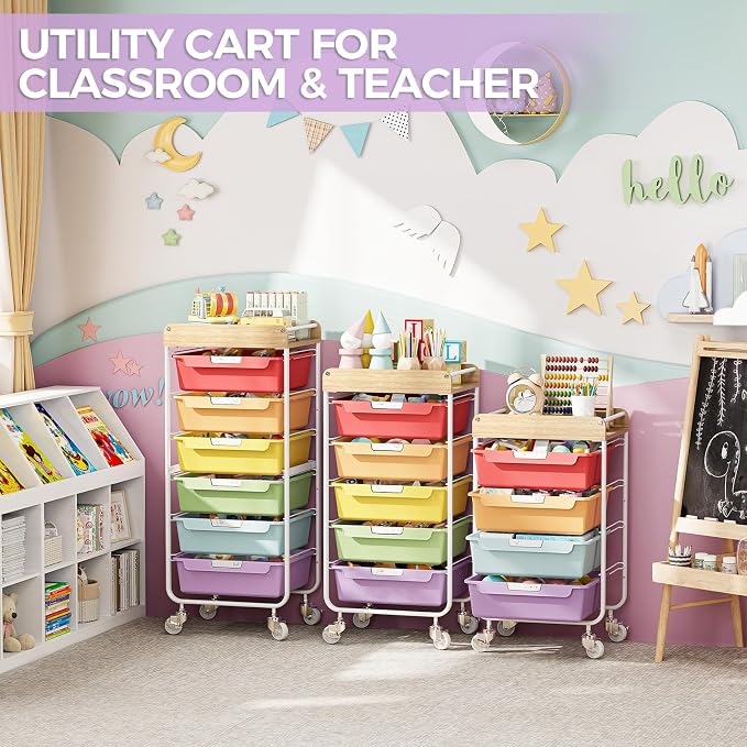 Rolling Craft Storage Cart with 4 Drawers,Utility Cart with Drawers,Art Craft Organizers and Storage,Kids Craft Cart,Kids Art Cart With DIY Lable and Wooden Tabletop Area,Jelly Bean Color