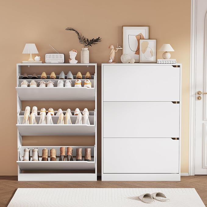 Shoe Storage Cabinet, Wood Shoe Organizer for Entryway with 3 Flip Drawers, Freestanding Shoe Rack with Adjustable Shelf, Narrow Shoe Dresser for Front Door Entrance (White, 3 Drawers)