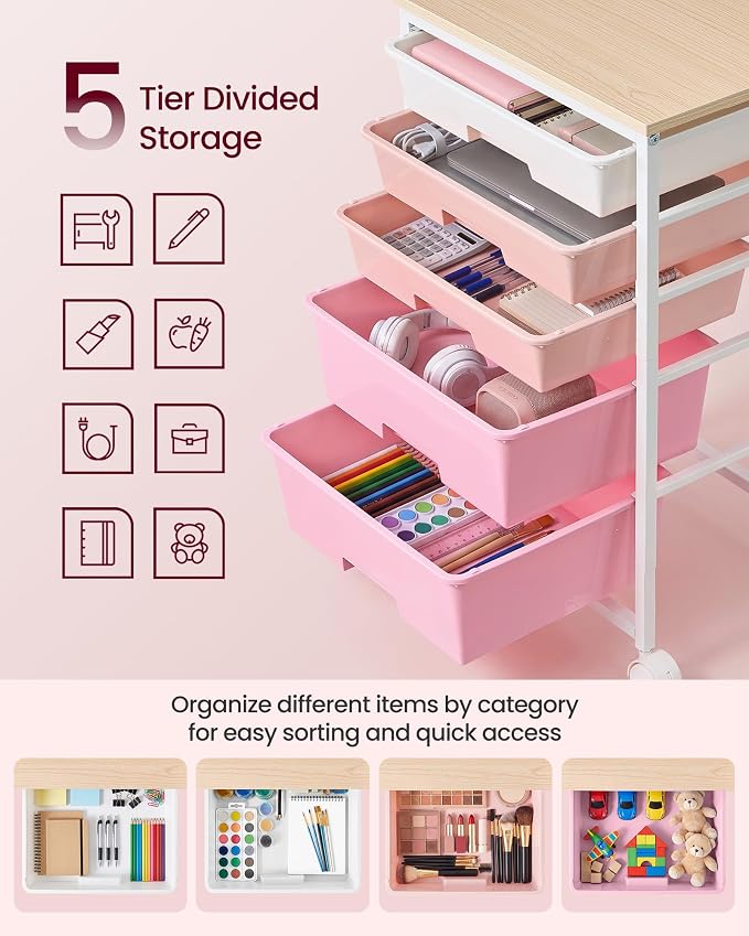 VASAGLE 5-Drawer Rolling Storage Cart, Mobile Organizer Trolley with Wood Top and Metal Frame, for Craft Room, Office, 15.6 x 11.2 x 24.8 inch, Pink, BENCO Collection ULRC005S101