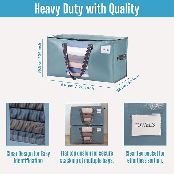 VENO 6 Pack Heavy Duty Moving Bags, Clothes and Comforter Storage Bags with Clear Window, College Dorm Essentials Packing Supplies, Foldable Boxes Alternative (Shiny Light Blue, 6 Pack)