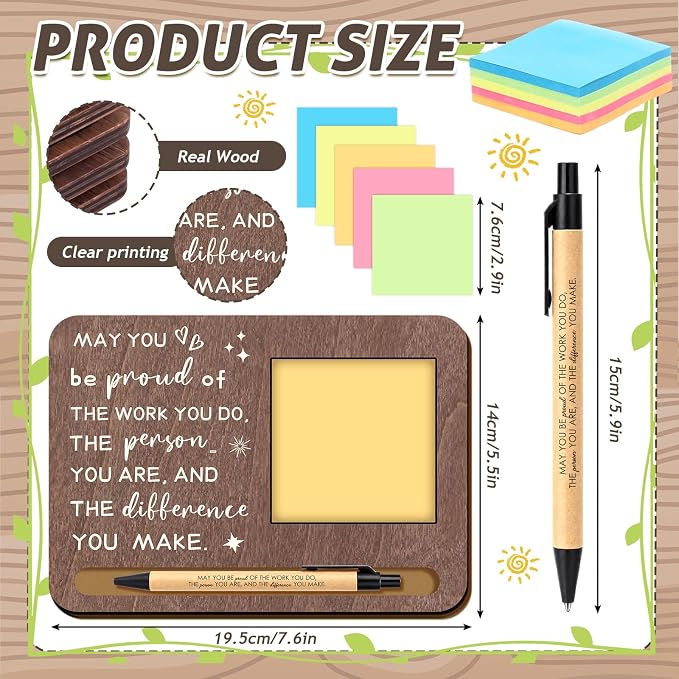 Kosiz 10 Set Back to School Teacher Gifts Bulk May You Be Proud Brown Wooden Sticky Note Holder with Notes and Ballpoint Pens Thank You Appreciation Gift for Teacher Team Employee Office Supplies