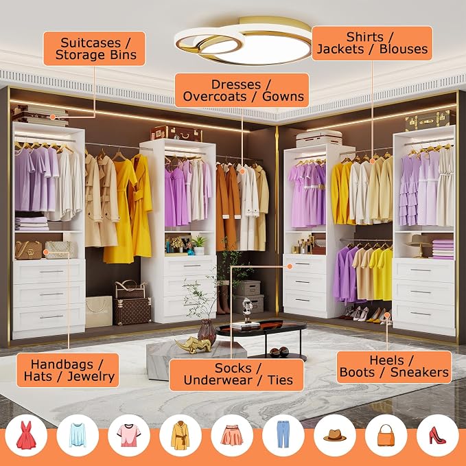 Closet System Set of 4, Closet System with 12 Drawers, 8 Rods & 4 Shelves, 8-21FT Walk in Modular Closet Organizer System, DIY Custom Built in Wood L Shape Closet Organizer Kit, White