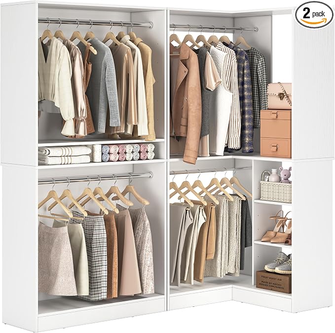 Unikito Corner Closet System, 72" L-Shaped Closet Organizer with 4 Hanging Rods, Heavy Duty Wood Garment Rack with Shelves, Freestanding Walk-in Closet Storage Tower for Bedroom, White