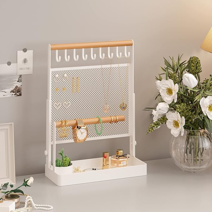 Jewelry Organizer Stand, Liftable Necklace Holder with Earring Organizer Net, 9 Hooks Necklaces Storage Wooden Handing Bar for Bracelets Watches Rings (White)