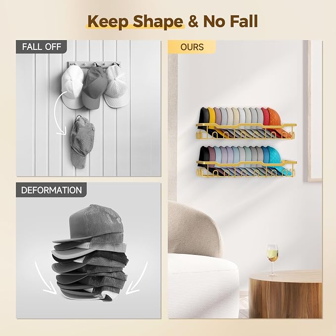 Nicetree Hat Racks for Baseball Caps Wall - Metal Hat Organizer for 48 Baseball Caps Holder, 2 Pack Hat Storage Organizer for Closet, Bedroom, Living Room