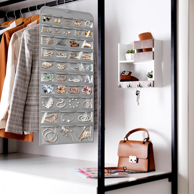 Simple Houseware 80-Pocket Hanging Jewelry Organizer with 5 Sizes, 2 Pack | for All Types of Accessories, Gray