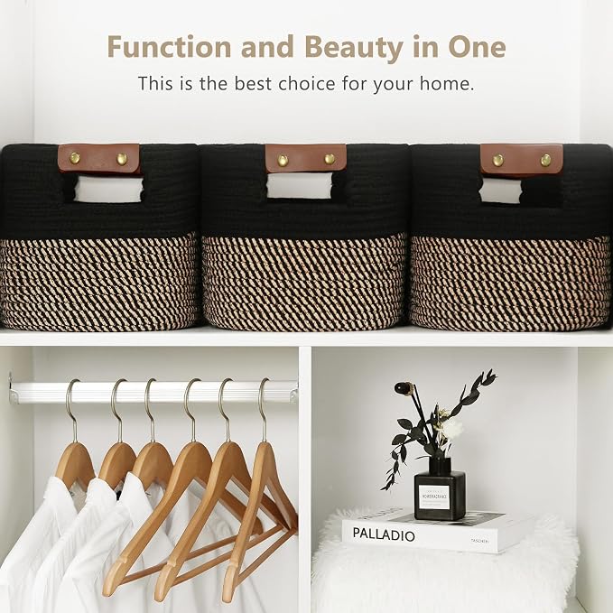 ECDYQXVU 15x10x9 Woven Cotton Rope Storage Basket, Leather Handles 1 Pack | Foldable Design, Sturdy PU Handles, Easy to Clean Organizer for Living Room, Closet, Shelves, Bedroom, Laundry, Clothes