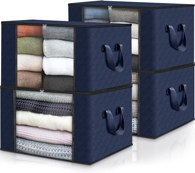Fab totes Storage Bags,Clothes Blanket Storage Bins Foldable Closet Organizers with Reinforced Handle for Home Dorm Storage and Organization,Fabric Bags for Organizing Sheets,Clothing (Blue,4 Pack)
