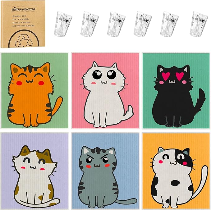 6 Pack Swedish Dishcloths for Kitchen, Cat Gifts for Cat Lovers Swedish Rags Absorbent Dish Cloth with Adhesive Clips, Reusable Paper Towels No Odor for Countertop Sink Kitchen Cat Mom Gift for Women