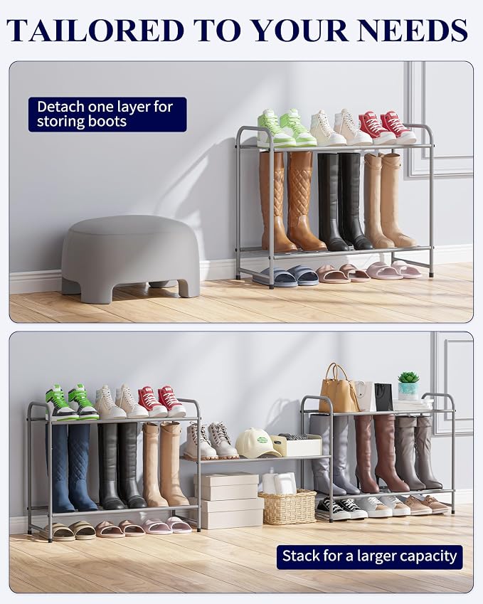 Kitsure Shoe Rack - Stainless Steel Shoe Organizer, Sturdy Shoe Rack for Closet and Front Door Entrance, Free Standing Shoe Shelf, Closet Organizers and Storage, 25.6" Wide - 3 Tier, Grey