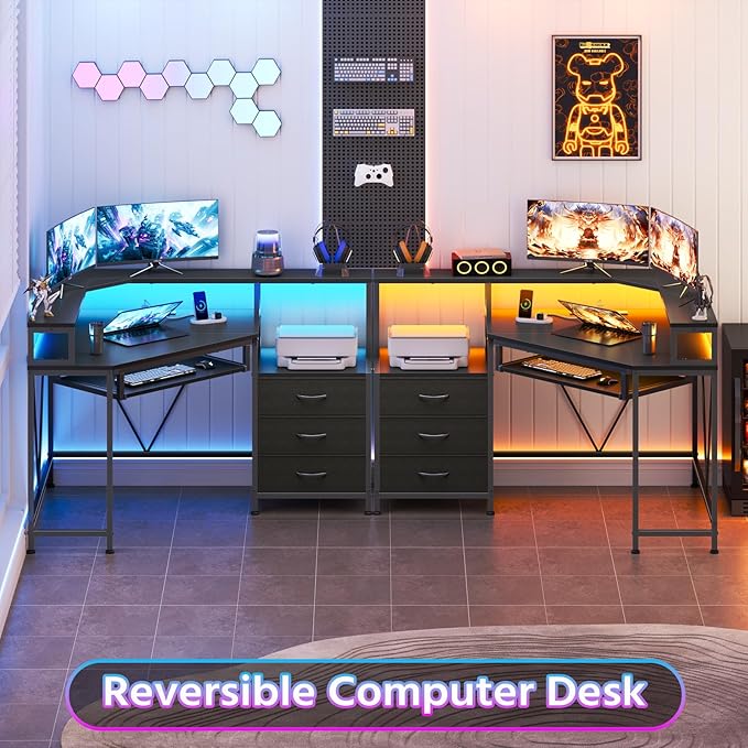 47" Corner Desk with Drawers, Power Outlets ＆ Printer Shelf for Small Space | Small Computer Desk with Monitor Stand, Triangle Gaming Desk with LED Lights and Keyboard Tray, Black