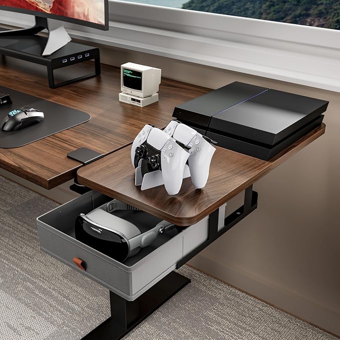 PEGZONE Desk Extender Tray, 24" x 12", with Storage Drawer, Medium, Walnut | Desk Extension, Clamp on Desk Shelf, Clamp On Keyboard Tray for Office and Home, Workstation Organizer