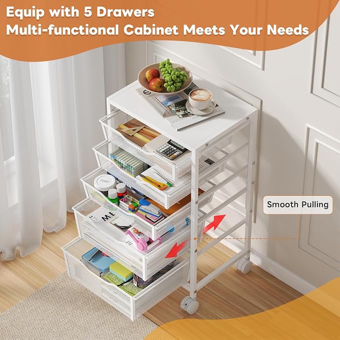 Hongtamoya Rolling Storage Cart with 5 Drawers, Metal Utility Cart with Lockable Wheels, Craft Storage Art Cart, Rolling Drawer Cart for Living Room, Bedroom, Bathroom, Office, Home, White