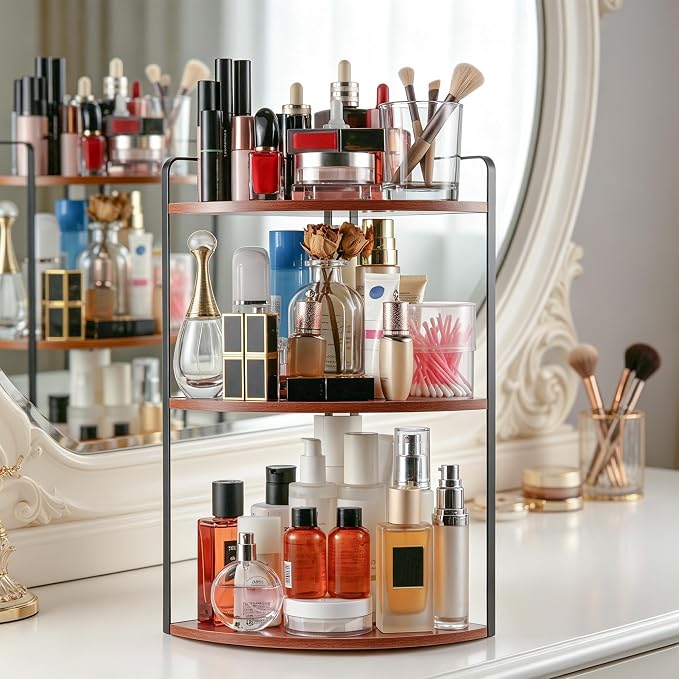 3 Tier Corner Bathroom Counter Organizer, Countertop Organizer, Makeup Organizer Countertop, Bathroom Storage Sink Shelf, Wooden and Metal Counter Shelf (Red Brown)