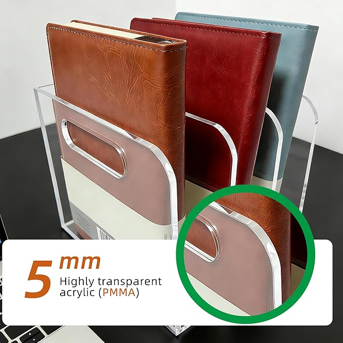 Clear Acrylic Magazine File Holder, 3 Compartment Desk Organizer | 3 spacious vertical compartments hold magazines, files, books & more. Clear acrylic, non-slip base. No assembly, portable.