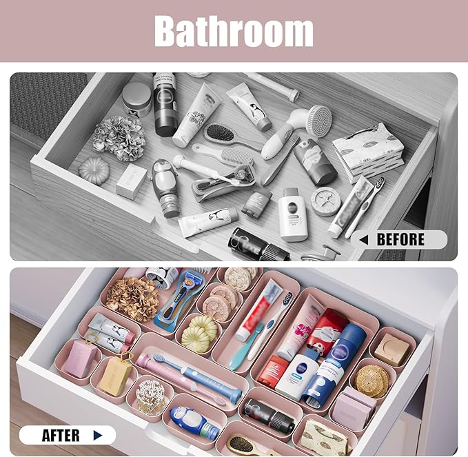 Drawer Organizers Bins 10 PCS for Bathroom Makeup Desk Office | with Non-slip Pads, 3 Sizes, Plastic Tray, Vanity Organizer, Kitchen Utensils Organizer
