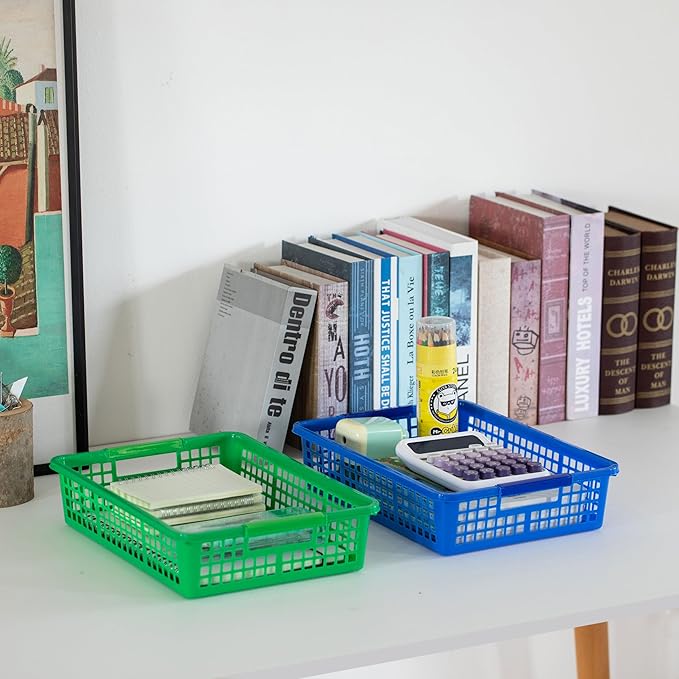 Basicwise 6-pc Assorted Colors Plastic Storage Basket Stackable Organizers for Paper Books Craft Supplies Pantry Items or Classroom Use Multi-Purpose Desk Accessories for Home School Daycare or Office