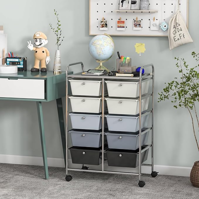 BECOMFORT 10-Drawer Rolling Cart with Drawers, Storage Cart on Wheels, Teacher Classroom Organizers with Metal Frame, Mobile Craft Cart, Trolley Utility Cart for School Office Play Room
