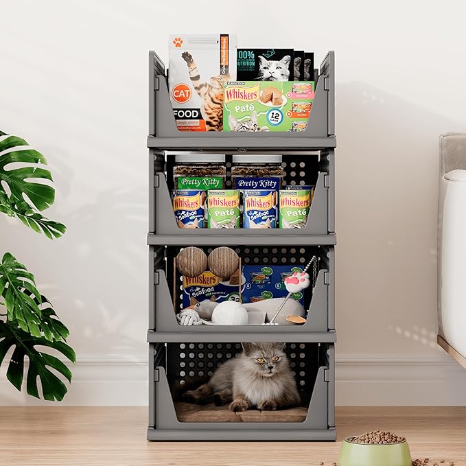 PinkPum 6 Pack Closet Organizers and Storage Plastic Stackable Storage Bins, Foldable Drawer Shelf Storage Container for Wardrobe Kitchen Bathroom Dorm Black