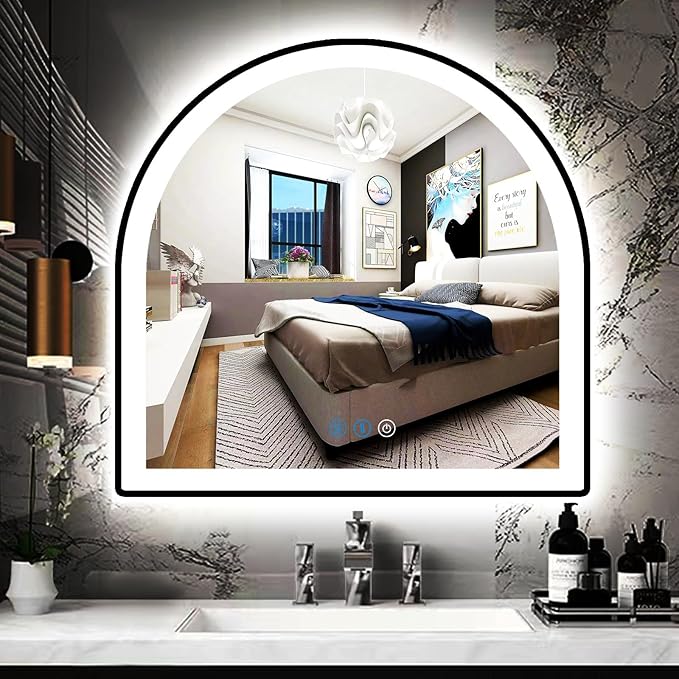 THEKLA 33 x 31 Inch Black Arch Vanity Mirror with Lights Black Frame Light up LED Arch Mirror for Bathroom Wall Tabletop Makeup Arched Lighted Mirror 33"x31"Smart Memory 3 Color Dimmable AntiFog