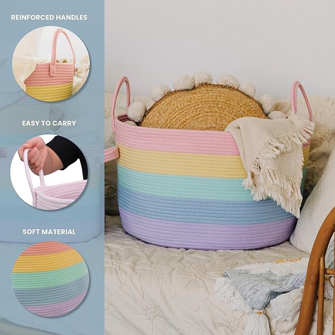 OrganiHaus Rainbow Blanket Basket for Classroom & Nursery, Extra Large Woven Laundry Basket w/Handles, Kids Toy Organizer & Storage, Soft Round Dog Toy Storage Bin, Cute Bin - 20"x13" in