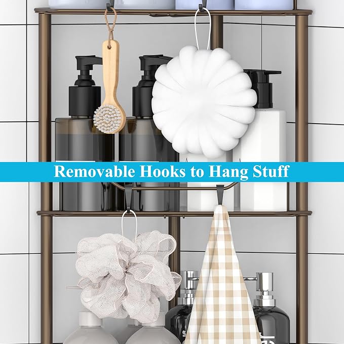HuggieGems 2 Tier Floor Standing Corner Shower Caddy Organizer Shelf with Hooks, Bathroom Shelves Stand Rack, Bronze
