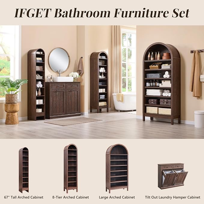 IFGET 67" Tall Arched Shoe Storage Cabinet, 8 Tiers 8 Pairs Wooden Shoe Rack with 3 Adjustable Shelves, Freestanding Shoe Closet Shelf Organizer for Entryway, Hallway, Living Room (Brown)