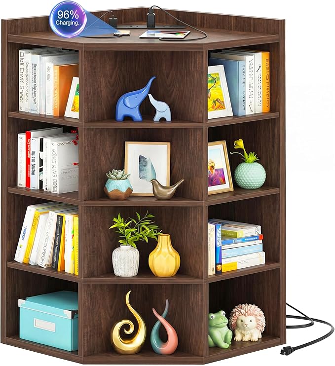 Aheaplus Corner Cube Book Shelf, 5-Tier Corner Cabinet with Power Outlets, Corner Cube Storage Shelf with Top Table, Wooden L Shaped Cubby Bookcase for Home Office, Bedroom, Living Room, Black Walnut