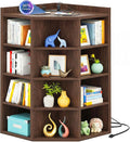 Aheaplus Corner Cube Book Shelf, 5-Tier Corner Cabinet with Power Outlets, Corner Cube Storage Shelf with Top Table, Wooden L Shaped Cubby Bookcase for Home Office, Bedroom, Living Room, Black Walnut