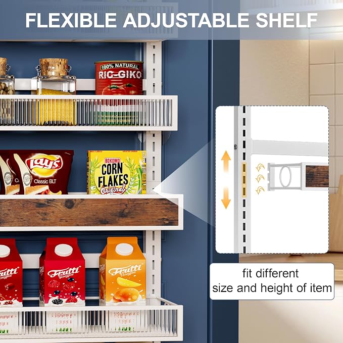 8 Tiers Pantry Door Organizer Spice Rack, 2-IN-1 Wall Mount or Hanging Over Door Seasoning Organizer with Adjustable Baskets, Heavy Duty Behind Door Storage Shelves for Pantry, Cabinet and Kitchen