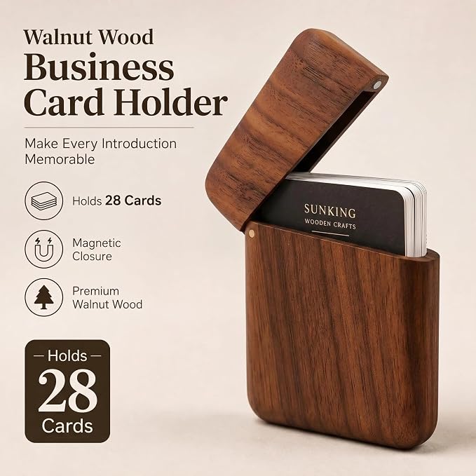 sunking Walnut Wood Business Card Holder with Magnetic Closure, Handmade Wooden Business Card Case Holds Up to 28 Cards, Slim Professional Card Holder for Men & Women, Executive Office Gift(Walnut-2)