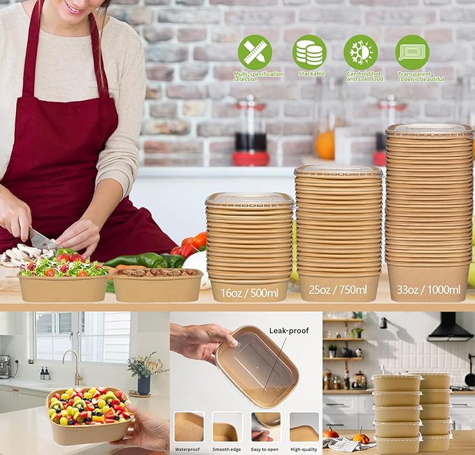 25oz Disposable Paper Bowls with Lids, 50 Sets Salad Bowls To Go for Lunch Microwave Safe, Paper Meal Prep Containers Disposable Takeout, Serving Bowls Leakproof for Hot Cold Food