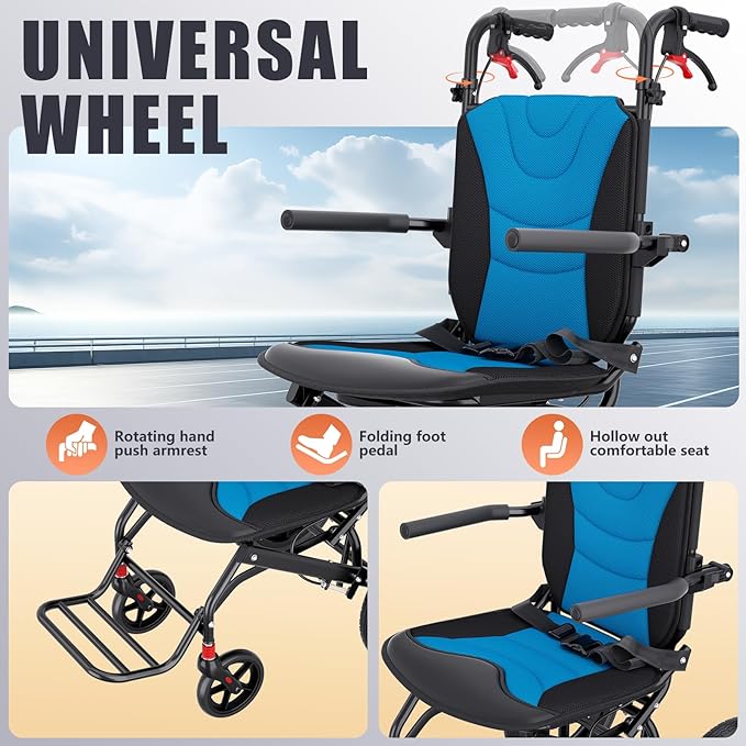 Wheelchairs for Adults Transport Chair Lightweight Foldable with Telescopic Handle, Ergonomic Portable Folding Travel Wheel Chairs for Seniors
