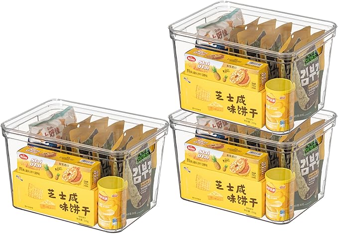 Basicwise Set of 3 Large Clear Storage Containers with Lid For Kitchen Pantry Cabinet & Fridge Storage For Organizing Snack Produce Supplies Or Essentials Durable Bin For Home Apartment Or Office Use