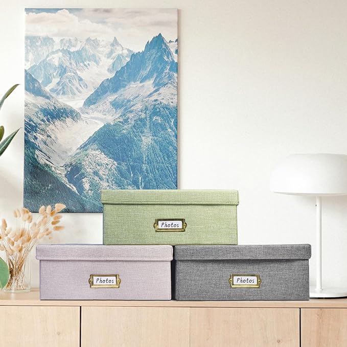 Linen Photo Storage Box – Holds 1700 Photos, Photo Organizer with Lid for Photo, Pictures, 24 Adjustable Dividers & 72 Labels Multi-Use Organizer Memory Box for Envelopes, Baby, Wedding, Cards Beige