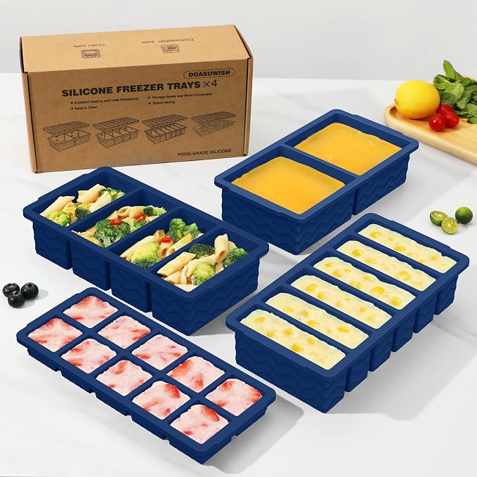 Silicone Freezer Trays with Lid (4-Pack), 1-Cup, 2-Cup, 1/2-Cup & 2-Tbsp Silicone Freezer Molds, Stackable Soup Freezer Meal Prep Containers,Ice Cube Tray for Making Sauce,Smoothies,Yogurt Bites