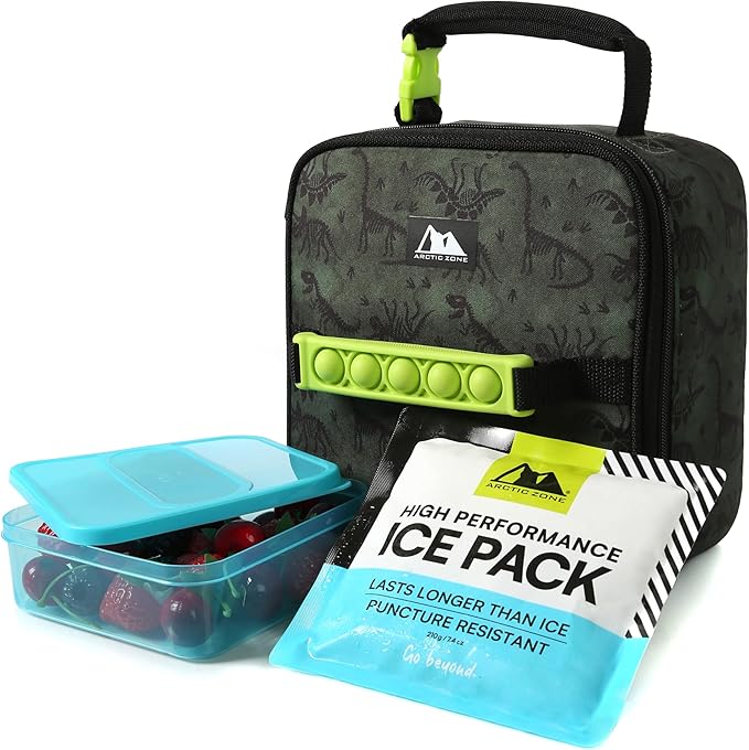 Arctic Zone Kids Lunch Box Combo with Gel Ice Pack and Sandwich Container, Insulated Bag for Travel Lunch, Sensory Fidget Toy Handle, Dino Skeleton Dye