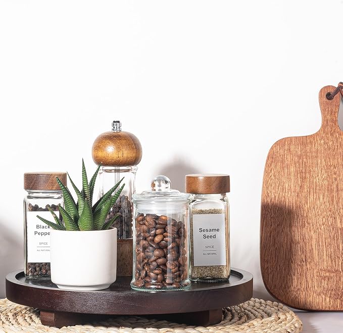 Round Decorative Tray Farmhouse Kitchen Decor Soap Dish, 10" Walnut | Waterproof, Lightweight, Easy Clean, Wood Riser Pedestal Stand Accessories for Office Desk, Vanity, Counter, Sink