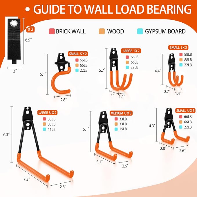 18 Pack Garage Hooks Heavy Duty - Anti-Slip Coating， Garage Storage Hooks for Hanging Bike，Ladder，Garden Tools，Hose