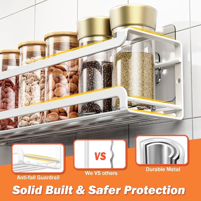 Bunoxea Spice Rack Wall Mounted 2 Pack, White,For Spice Jars & Seasonings | 2 Removalble Hooks,Screw or Adhesive Hanging, Space-Saving,For Kitchen Cabinet, Pantry Door,Stove,RV Use,11.41x2.75x2.75in