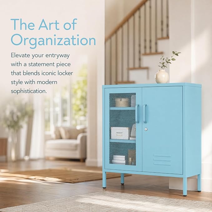 Lockable Metal Storage Cabinet Locker, Multifunctional Versatile Storage Lockers with Adjustable Shelves and Mesh Door, Durable Metal Sideboard Furniture for Restaurant Home Office Blue